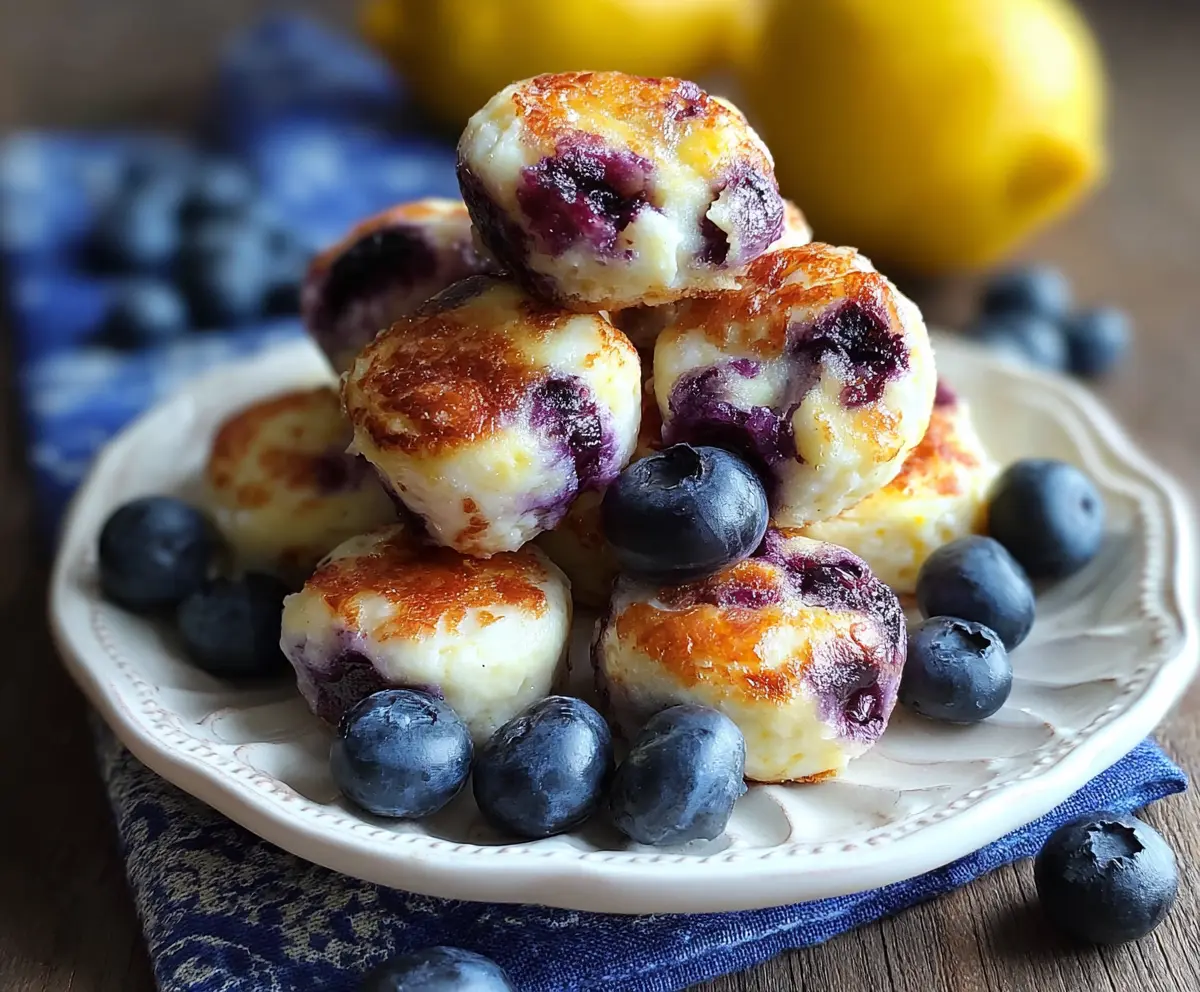 Delicious blueberry lemon cottage cheese pancake bites served on a plate, highlighting their golden exterior and fresh blueberries.