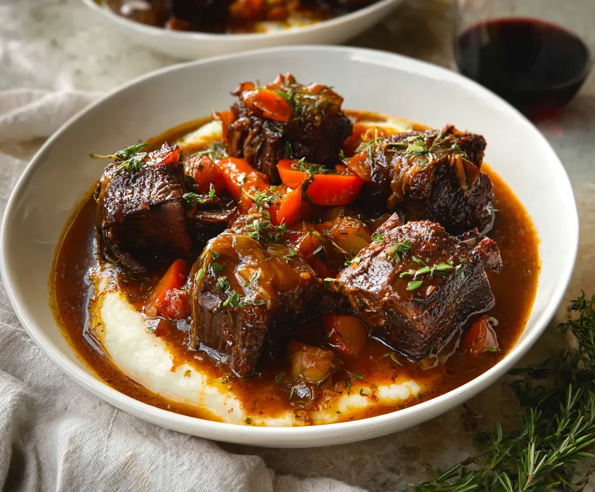 Delicious tender braised short ribs served with a savory sauce and fresh herbs.