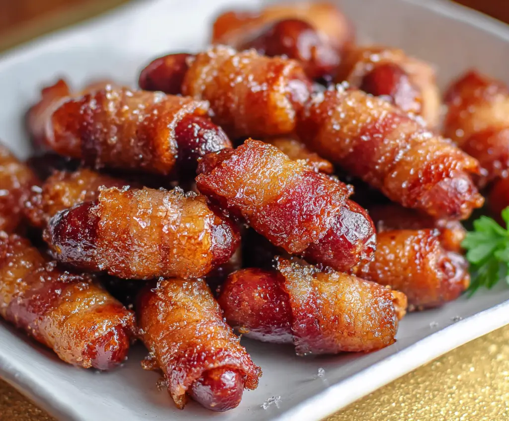 Delicious Brown Sugar Bacon Little Smokies appetizer with crispy bacon and savory little sausages.