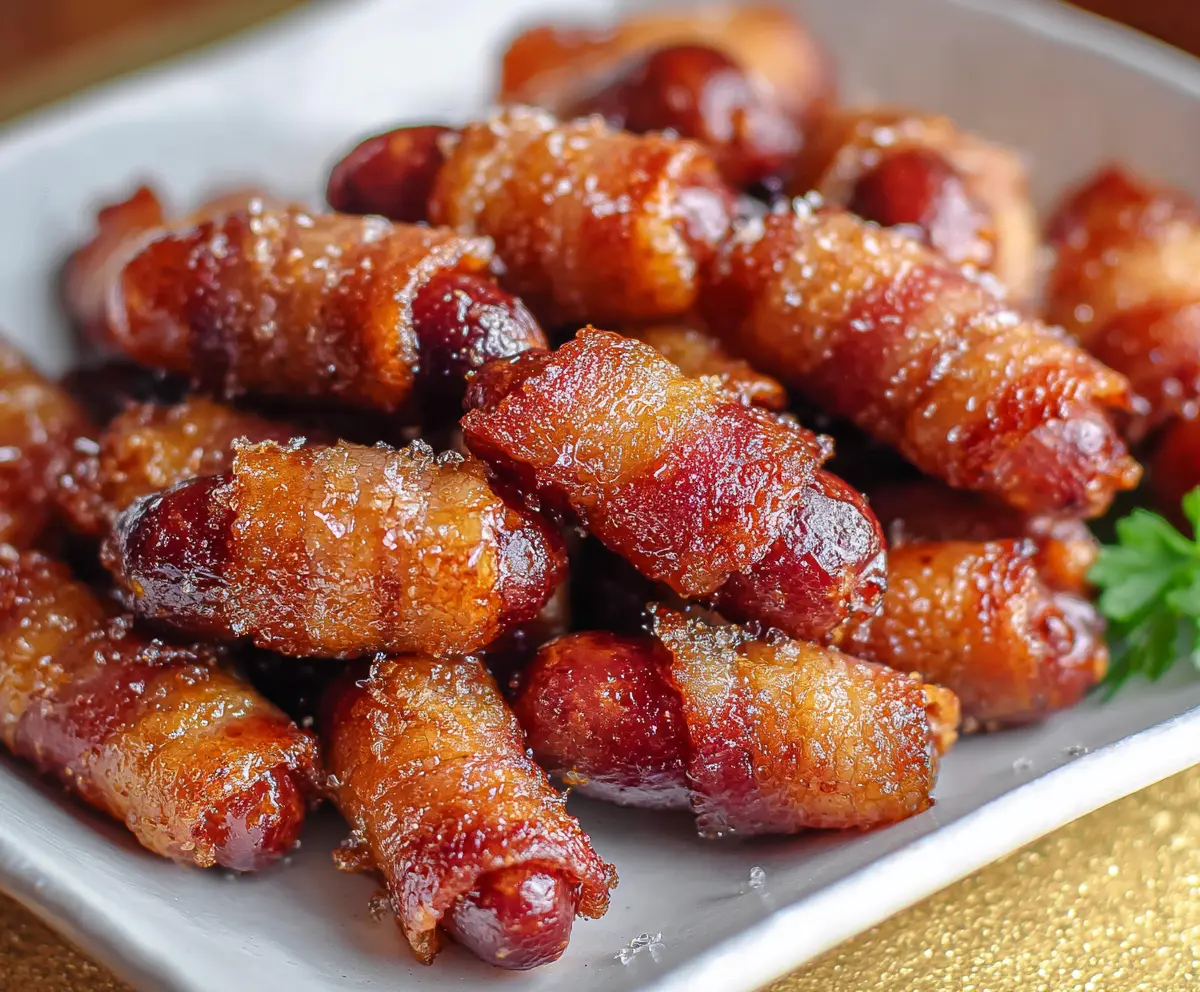 Delicious Brown Sugar Bacon Little Smokies appetizer with crispy bacon and savory little sausages.