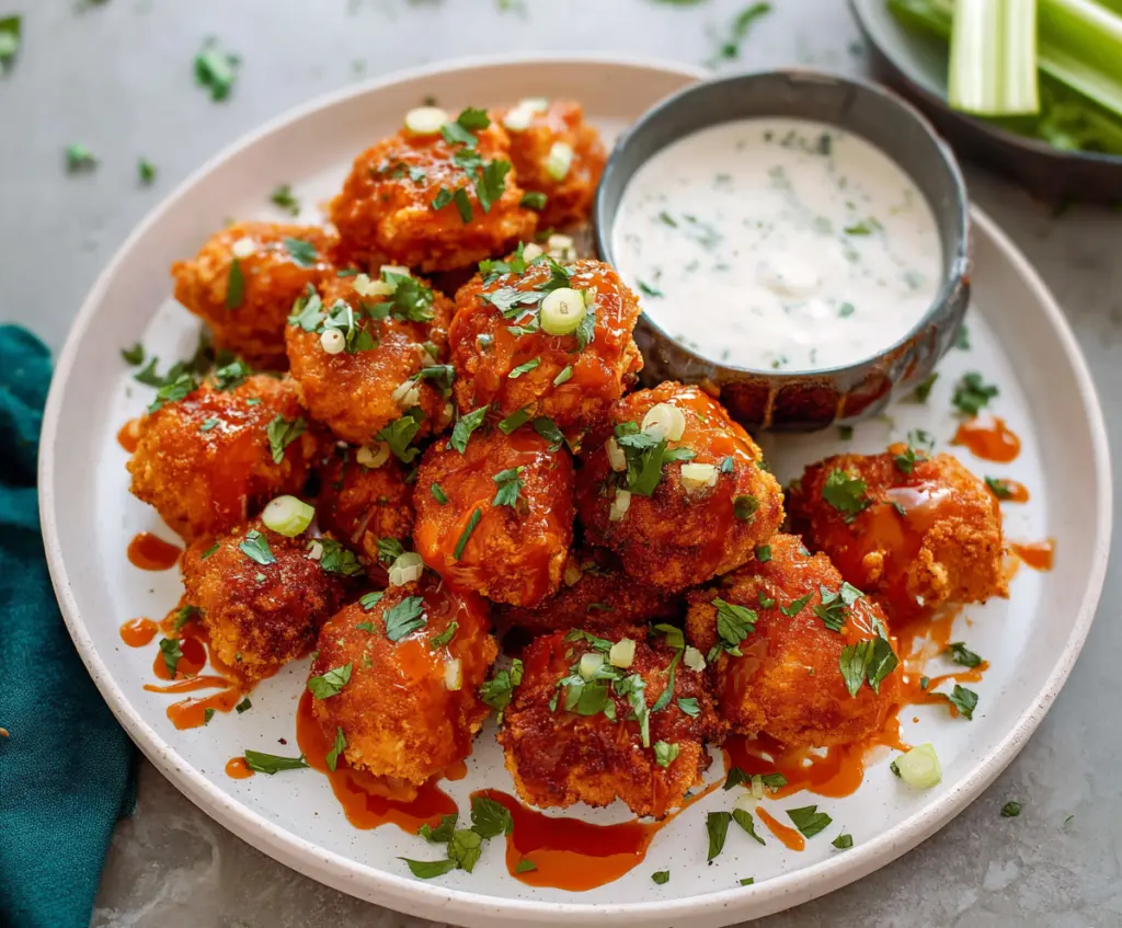 Crispy buffalo chicken bites served with ranch dipping sauce - perfect appetizer for parties