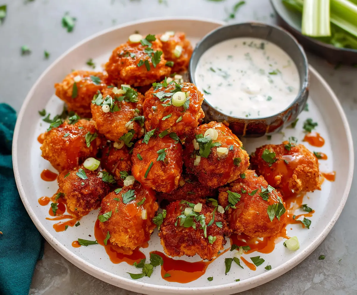 Crispy buffalo chicken bites served with ranch dipping sauce - perfect appetizer for parties