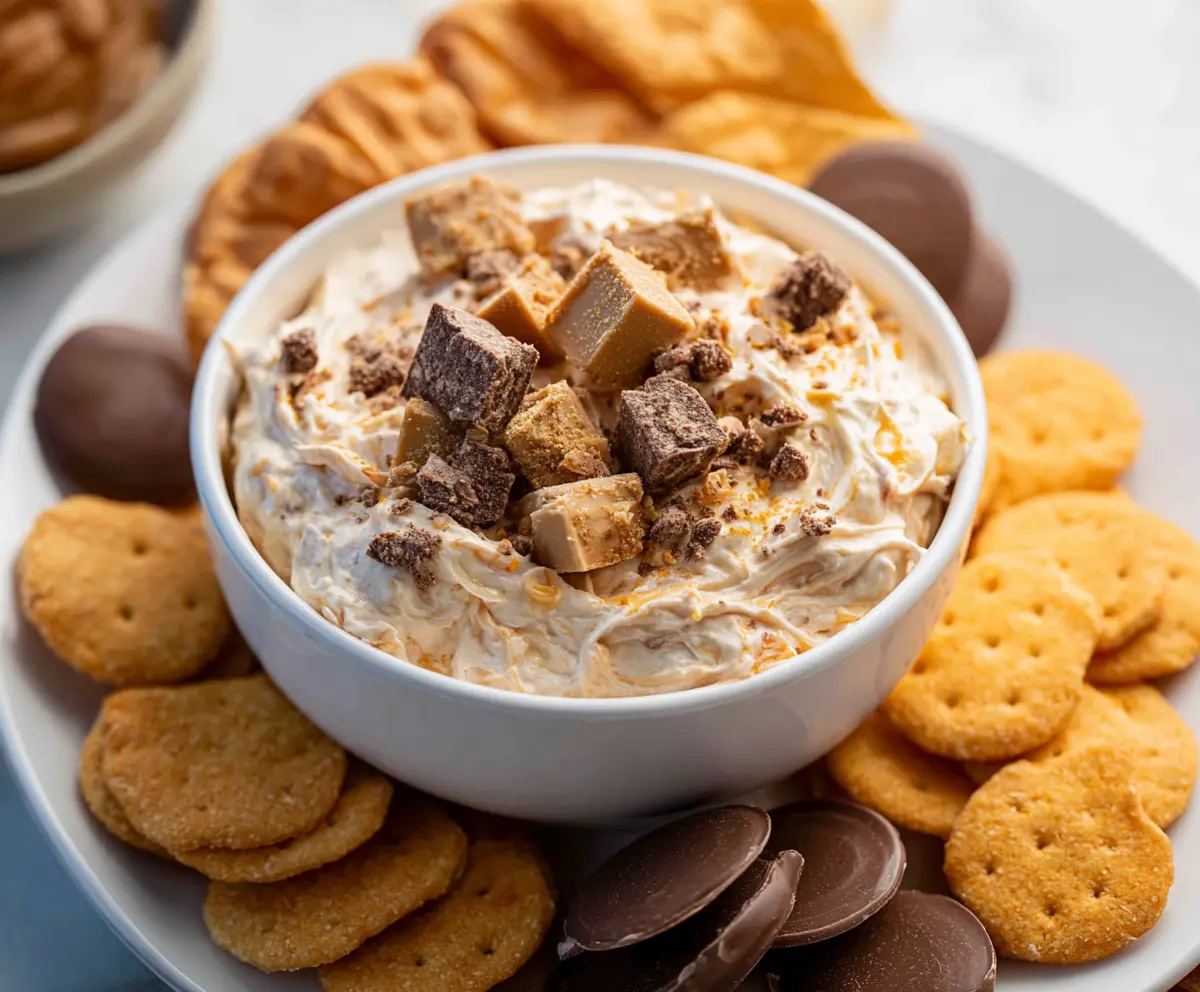 Delicious Butterfinger Dip displayed in a bowl, perfect for dessert or party snacks