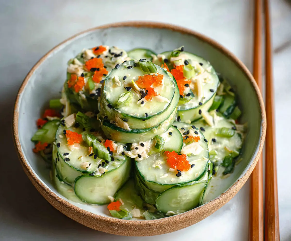 Fresh California Roll Cucumber Salad with vibrant vegetables and slices of sushi roll