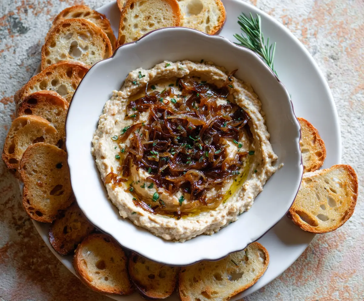 Creamy caramelized onion white bean dip served with fresh vegetable sticks for a healthy snack.
