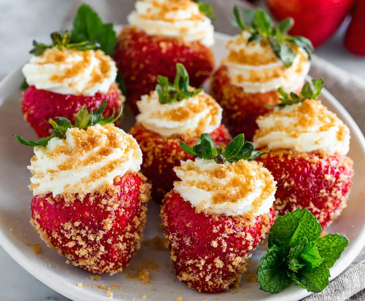 Delicious cheesecake stuffed strawberries with creamy filling and fresh strawberries on a white plate