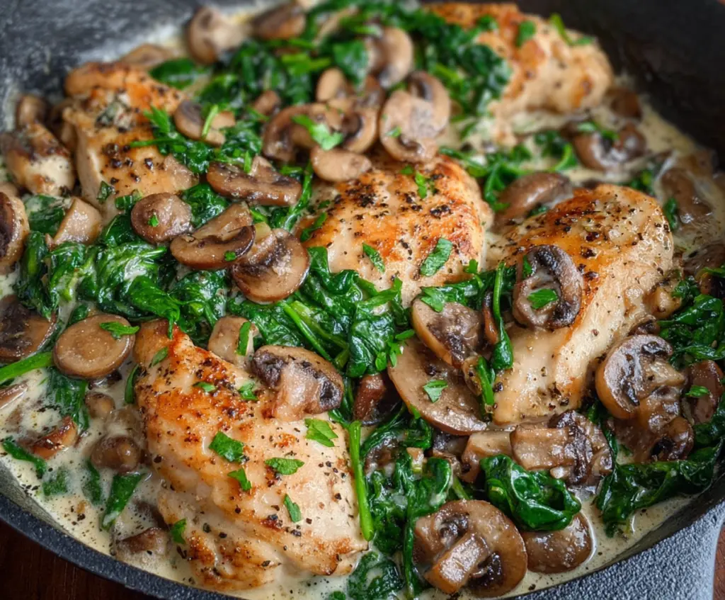 Delicious chicken mushroom spinach skillet served on a plate with fresh herbs