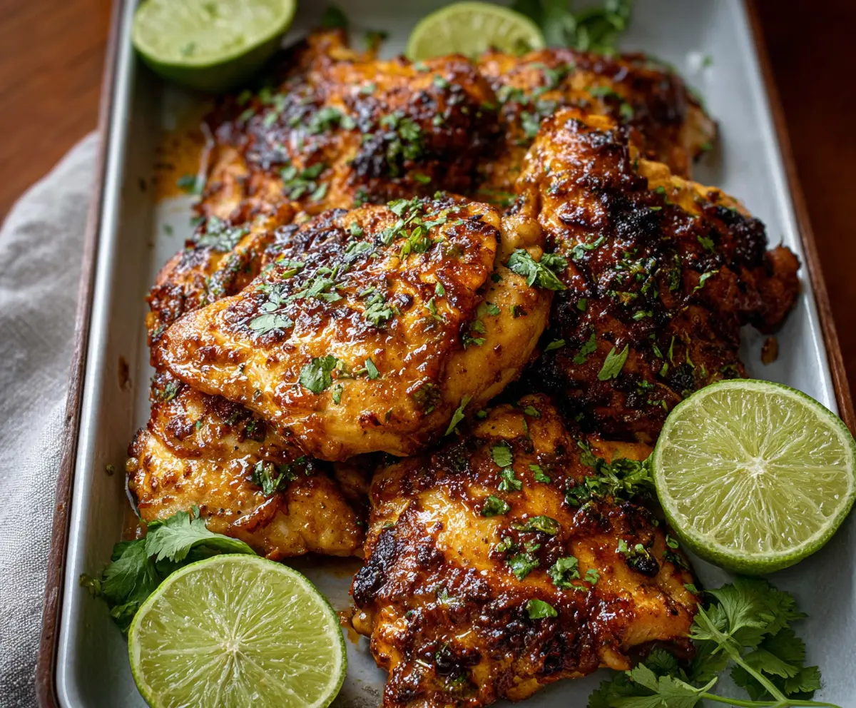 Juicy chili lime chicken breasts grilled to perfection on a white plate with fresh lime and cilantro garnish.
