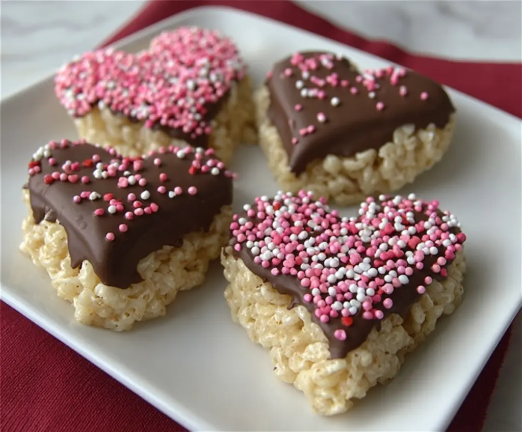 Chocolate Dipped Heart Rice Krispies cookies perfect for Valentine's Day treats