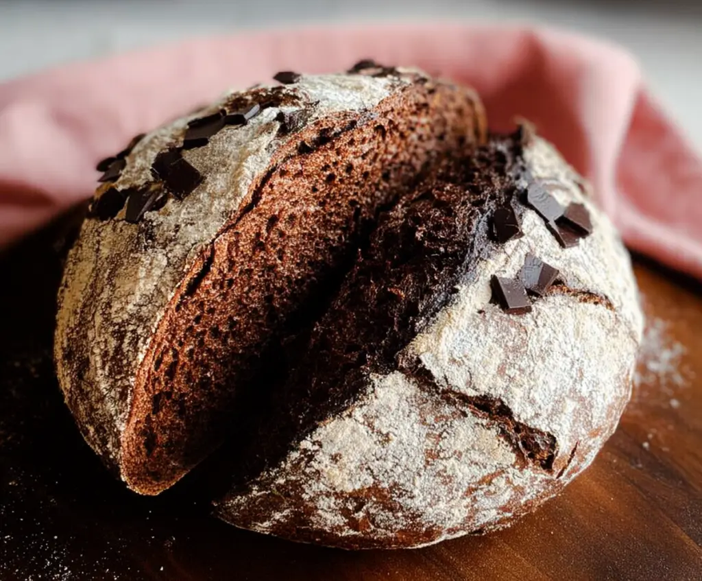 Homemade chocolate sourdough discard bread expanse with rich cocoa flavor and a crusty golden exterior.