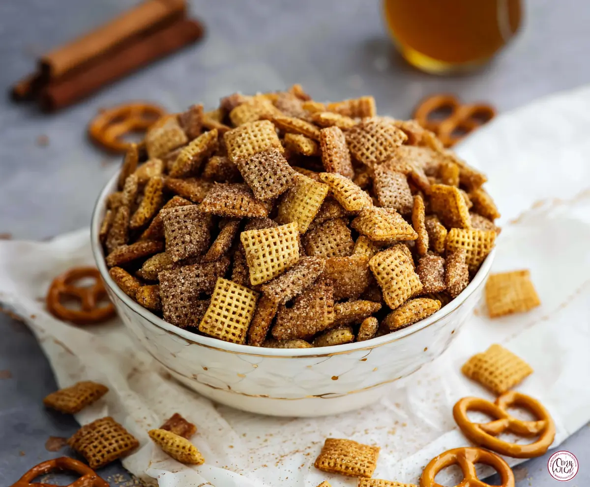 Crunchy Cinnamon Sugar Chex Mix in a bowl, perfect for snacking and entertaining.