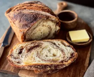 Golden cinnamon sugar swirl sourdough bread with a crispy crust and soft inside perfect for breakfast or as a snack.