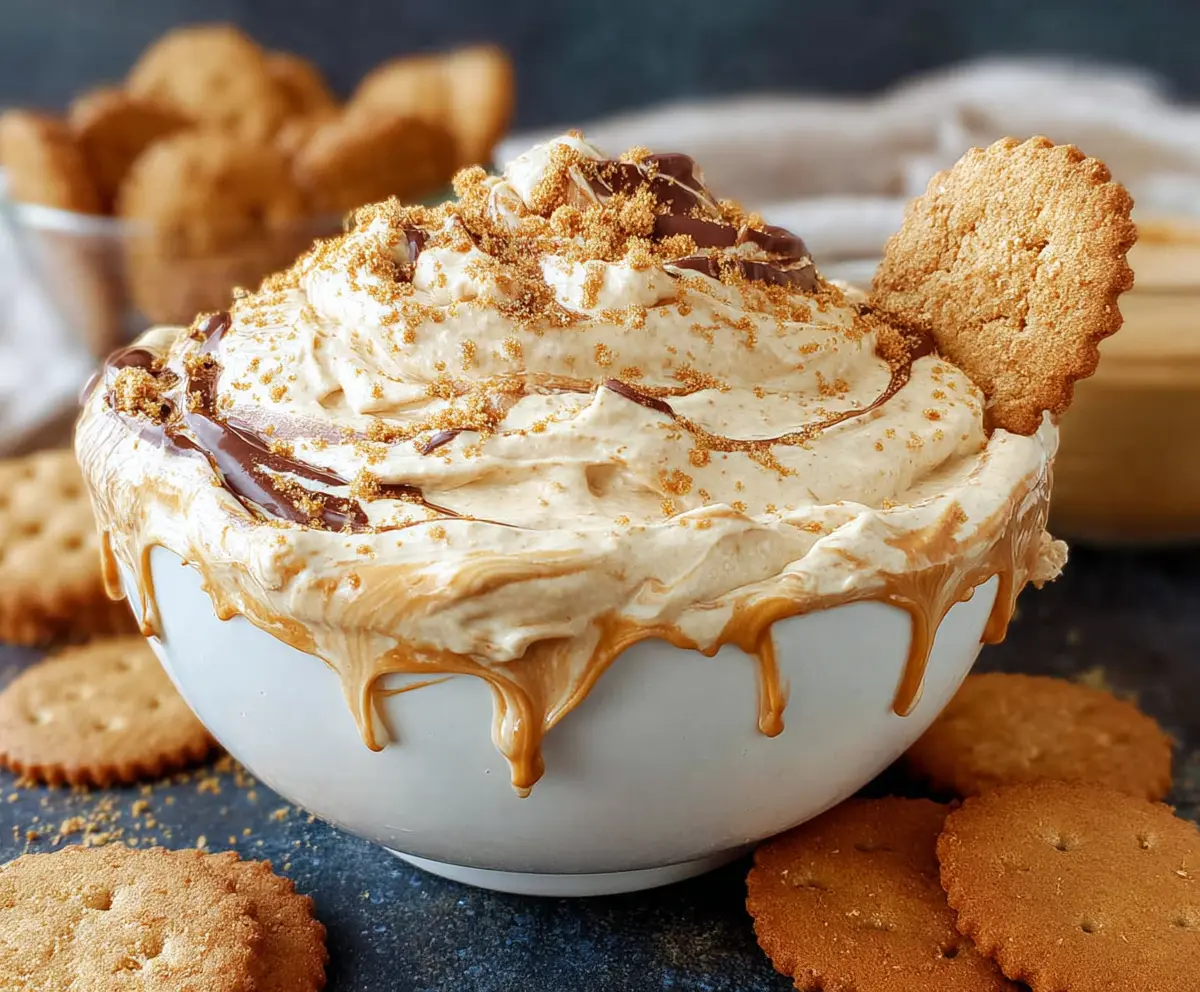 Creamy cookie butter dip served with cookies and snacks for dipping.