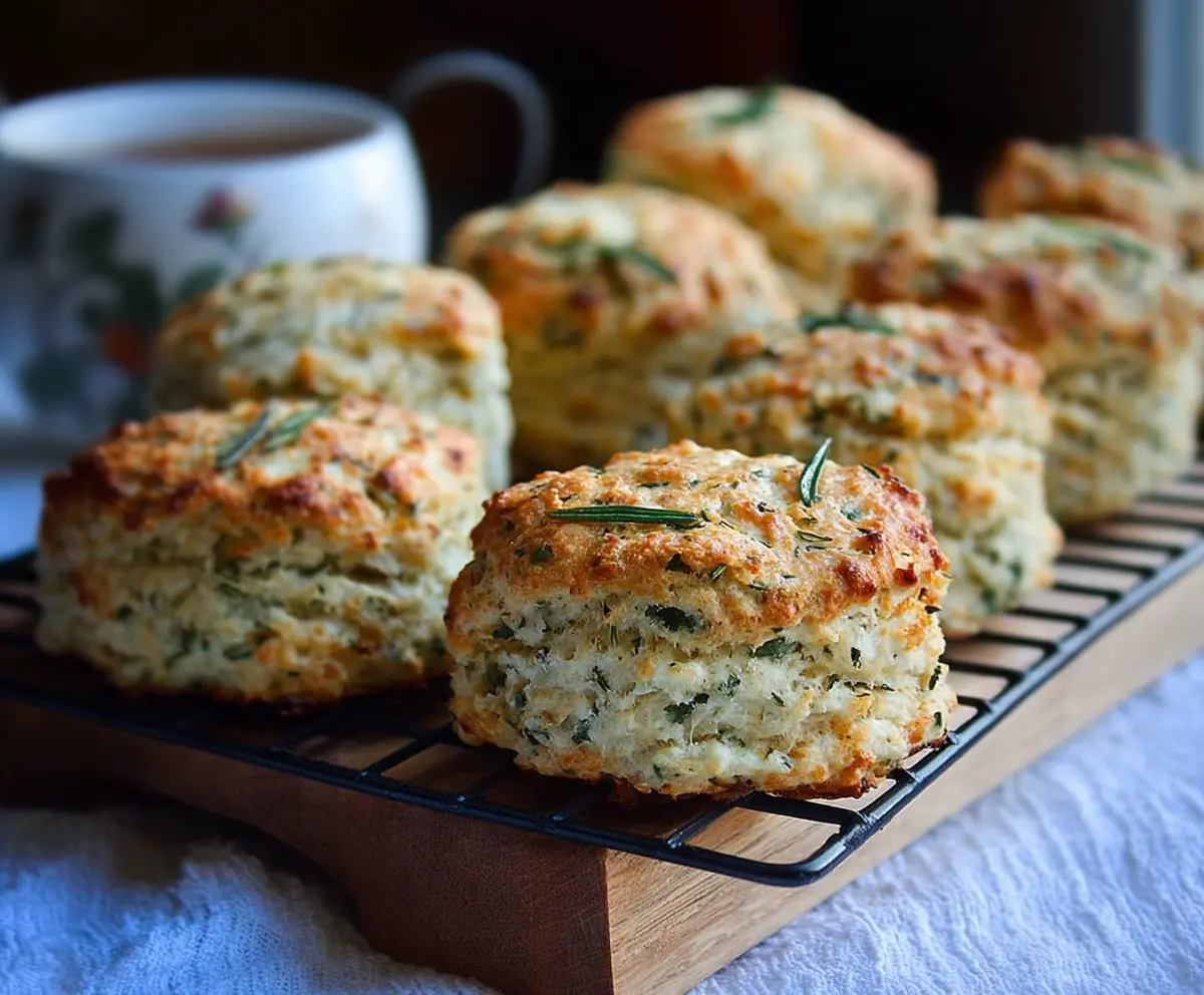 Freshly baked cottage cheese and herb biscuits on a rustic wooden board.