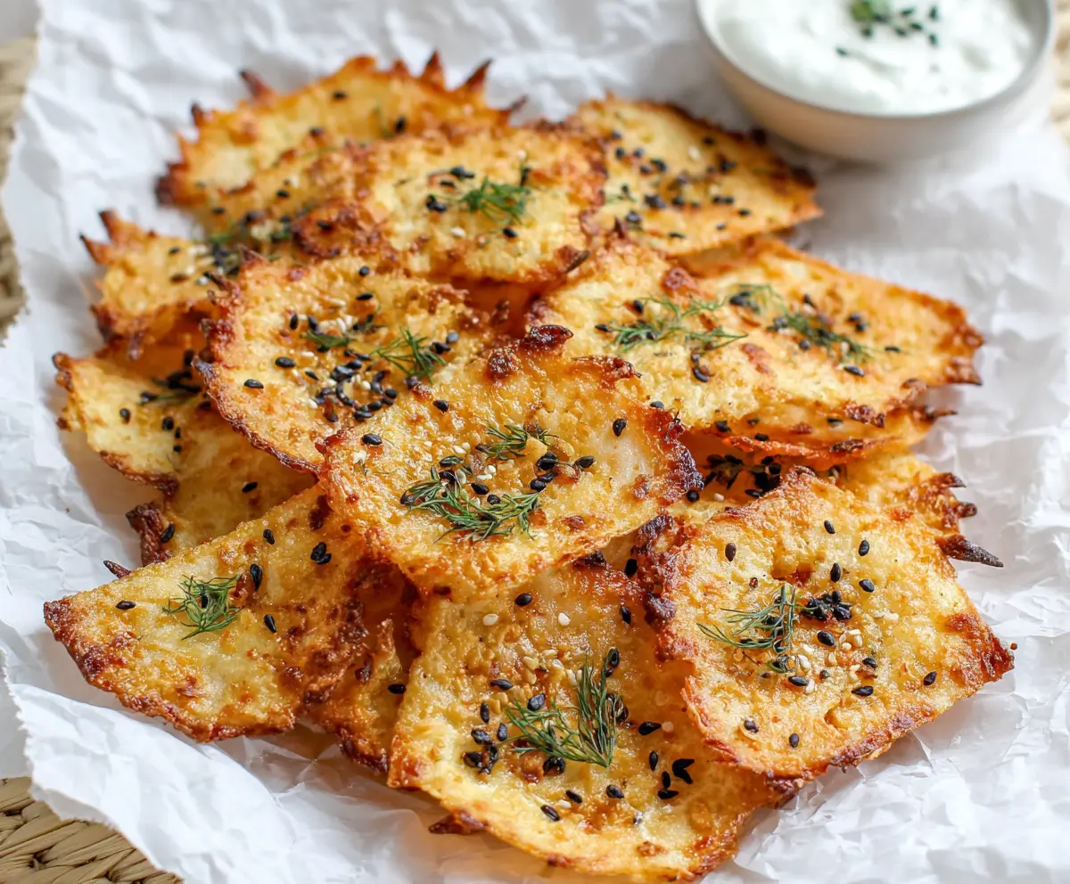 Crunchy baked cottage cheese chips garnished with herbs on a white plate.