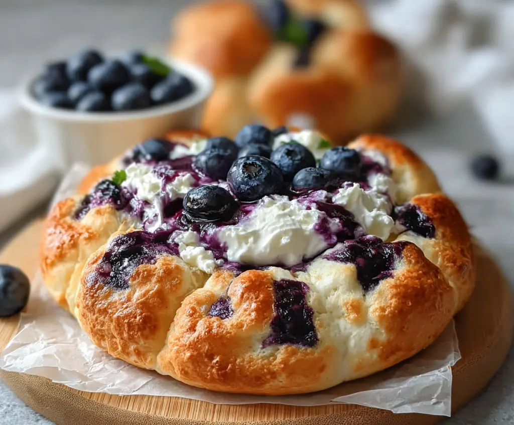 Delicious Cottage Cheese Blueberry Cloud Bread topped with fresh blueberries and fluffy texture