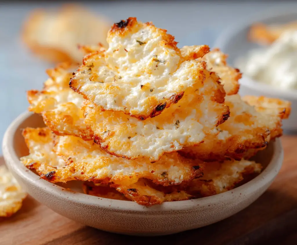 Crispy homemade cottage cheese chips on a plate, healthy snack option