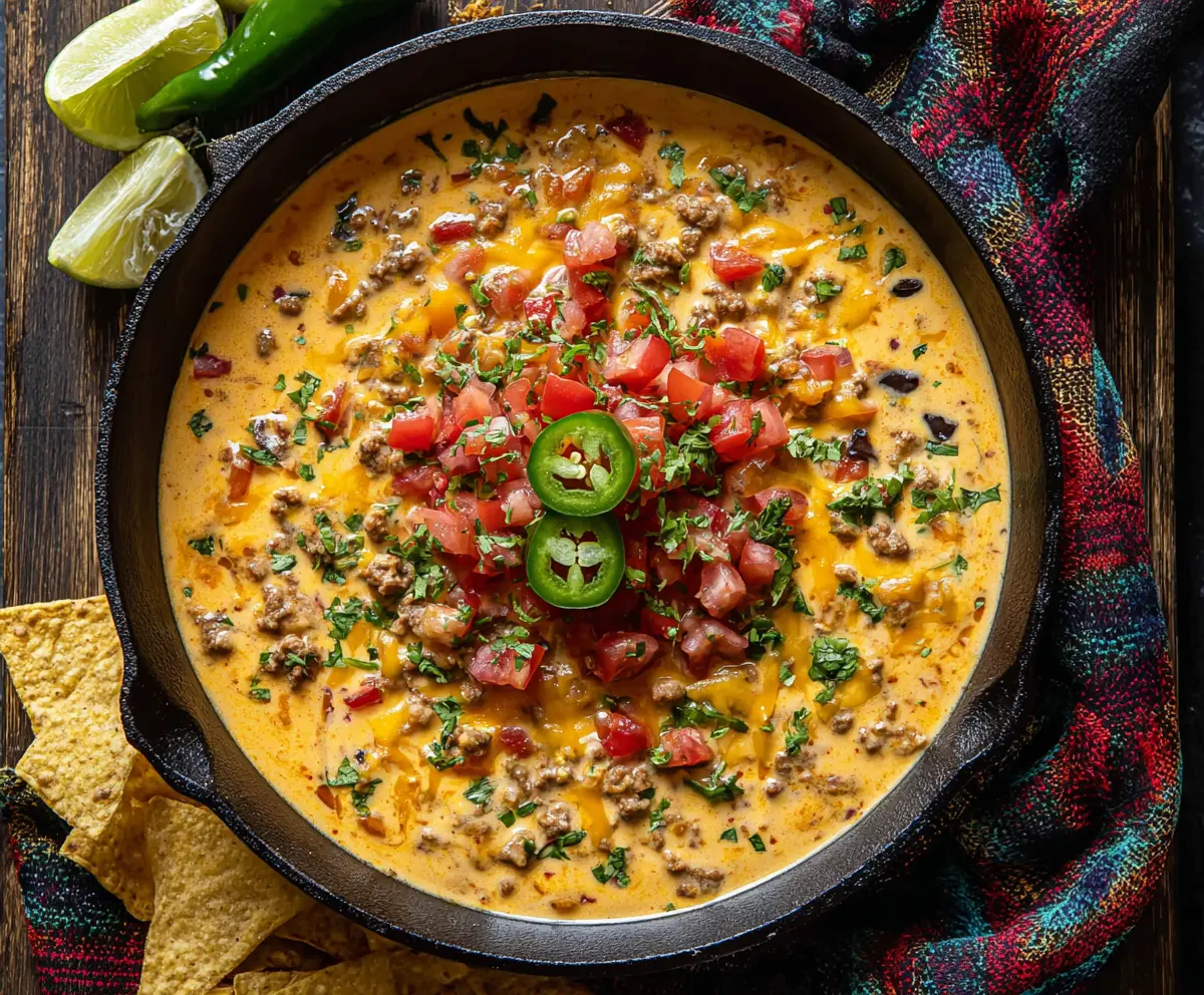 Creamy cowboy queso dip served with tortilla chips, perfect for parties and gatherings.