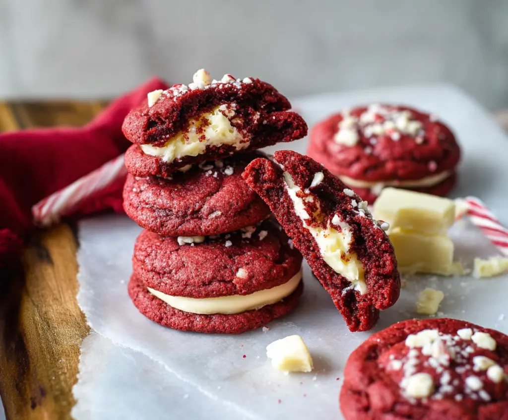 Delicious red velvet cookies filled with creamy cream cheese for a sweet treat.