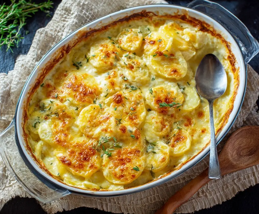 Delicious creamy au gratin potatoes baked to golden perfection in a rustic dish.