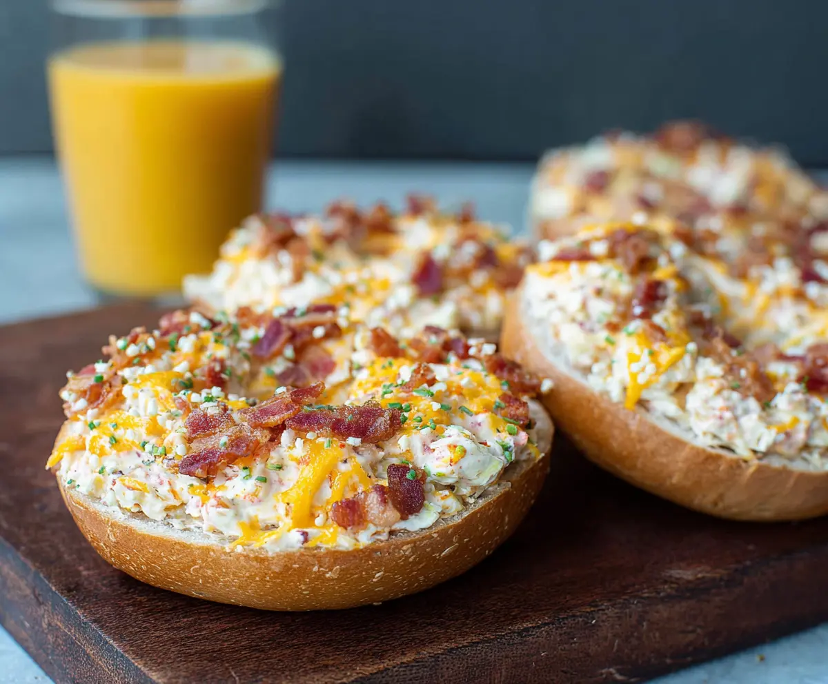 Delicious creamy bacon cheddar bagels with melty cheese and crispy bacon slices.