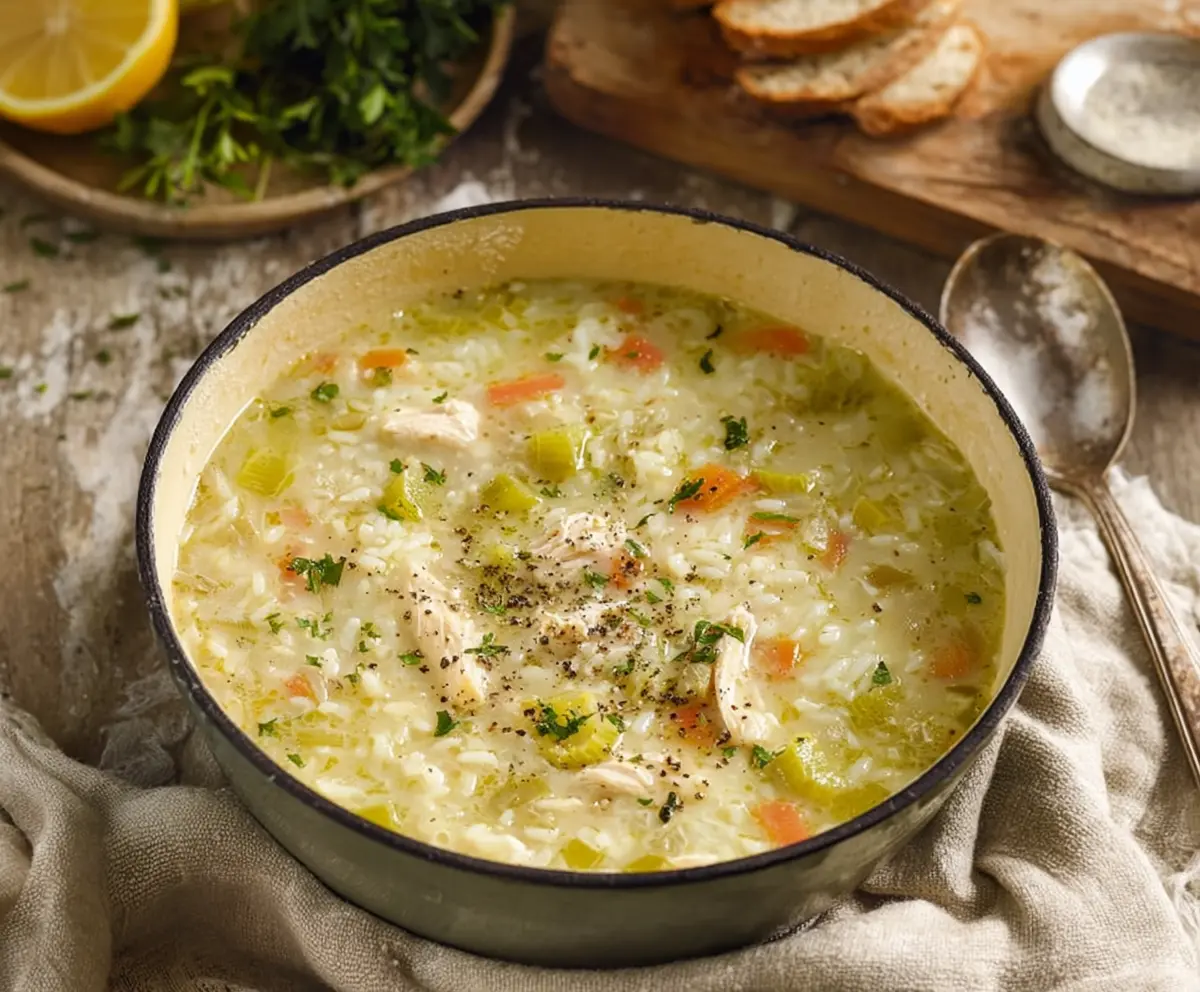 Creamy leek, chicken, and rice soup in a bowl with fresh herbs