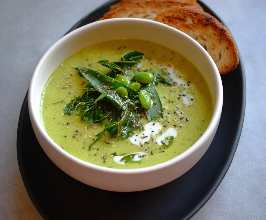 Creamy spring greens soup served in a bowl with fresh herbs and crusty bread.