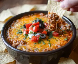 Creamy Crock Pot Beef Nacho Dip topped with melted cheese and fresh jalapenos in a serving bowl.