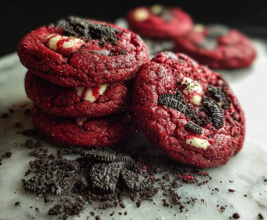 Delicious crushed Oreo cookies mixed into rich red velvet cookie dough.