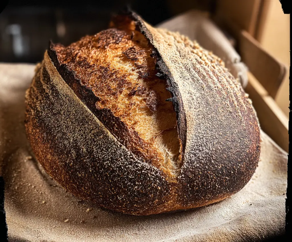 Fresh crusty sourdough bread served with a cup of steaming coffee, perfect for breakfast or brunch.