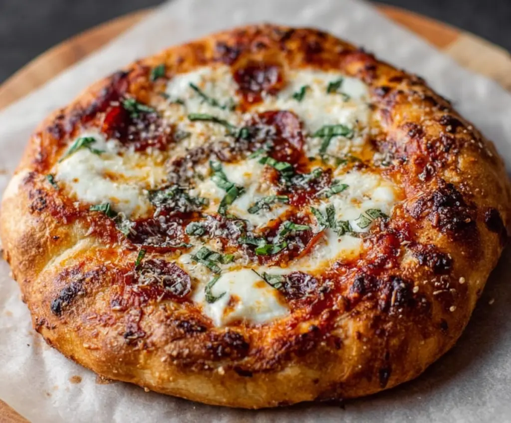 Delicious crusty sourdough pizza fresh out of the oven with melted cheese and toppings.