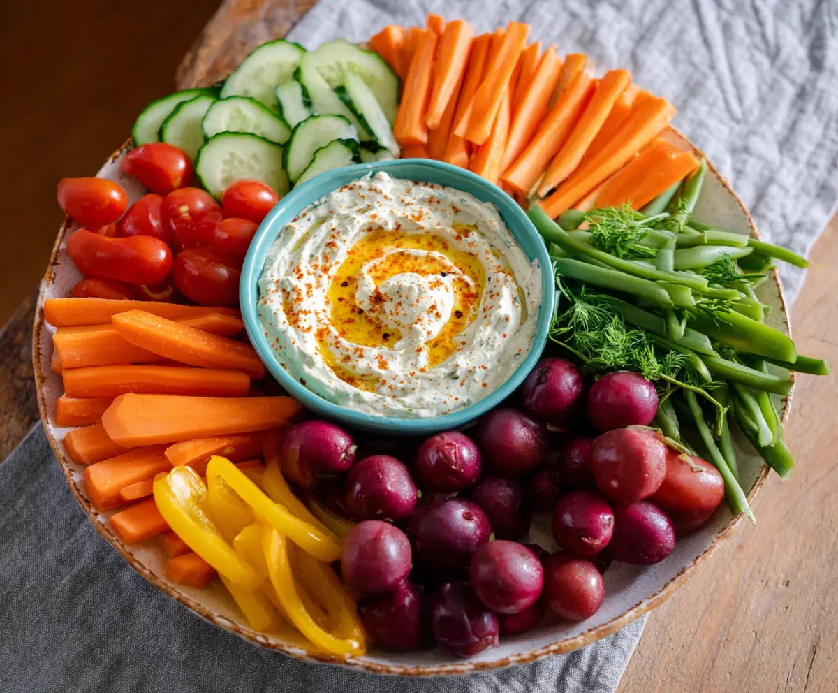 Colorful veggie platter with hummus dip and fresh vegetables for a healthy snack idea.