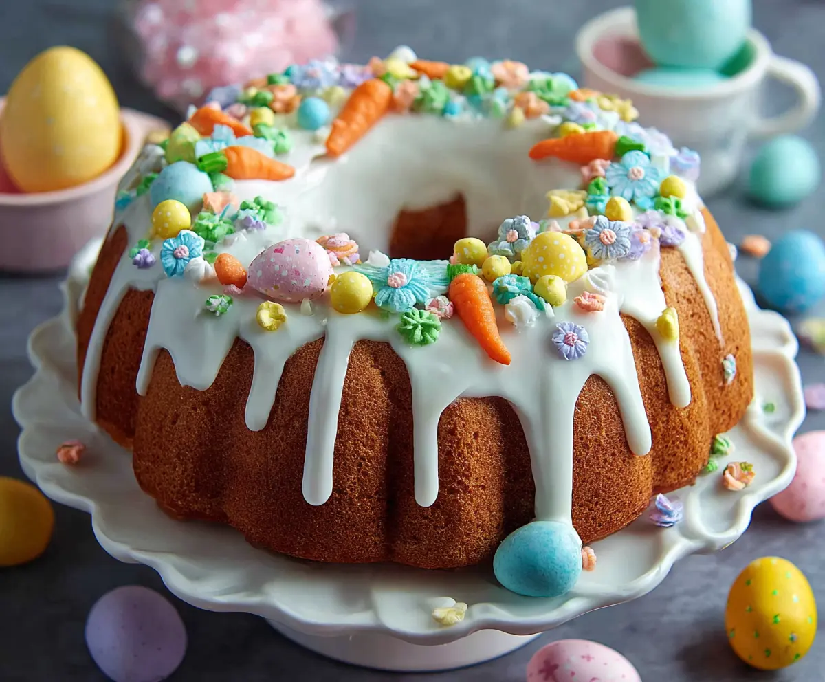 Delicious Easter Bundt Cake topped with colorful sprinkles and pastel icing, perfect for spring celebrations.