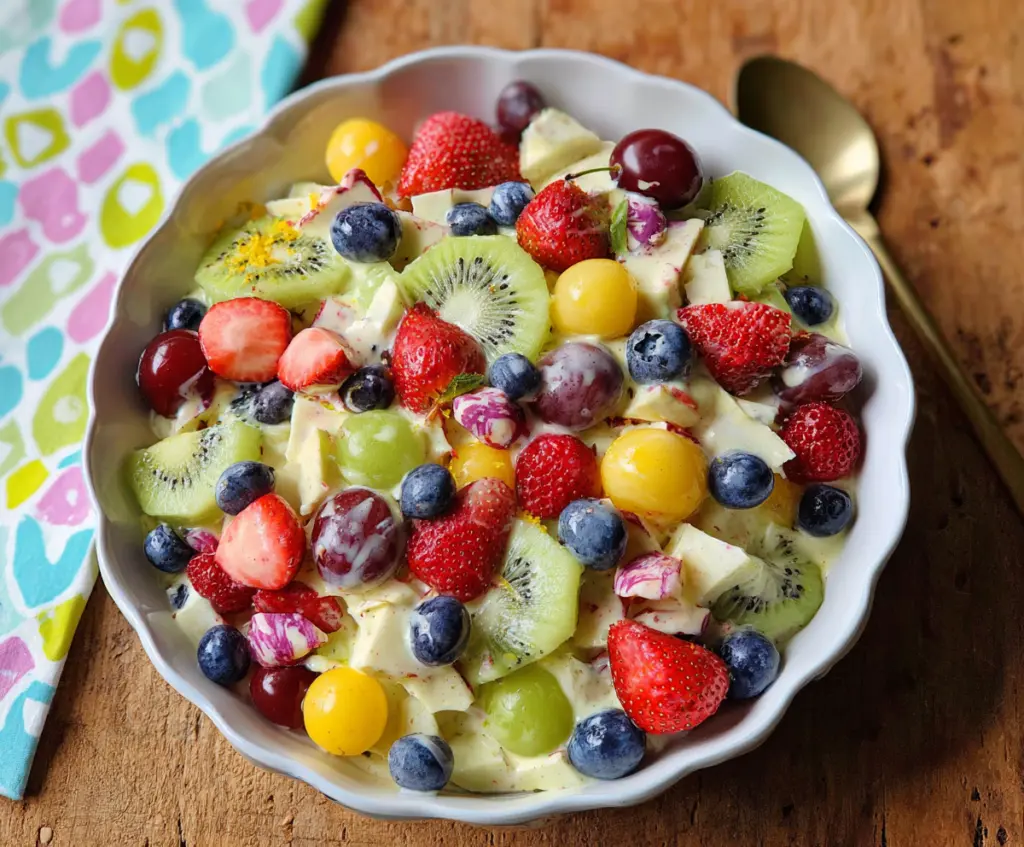 Colorful Easter fruit salad with fresh strawberries, grapes, and melons in a festive bowl