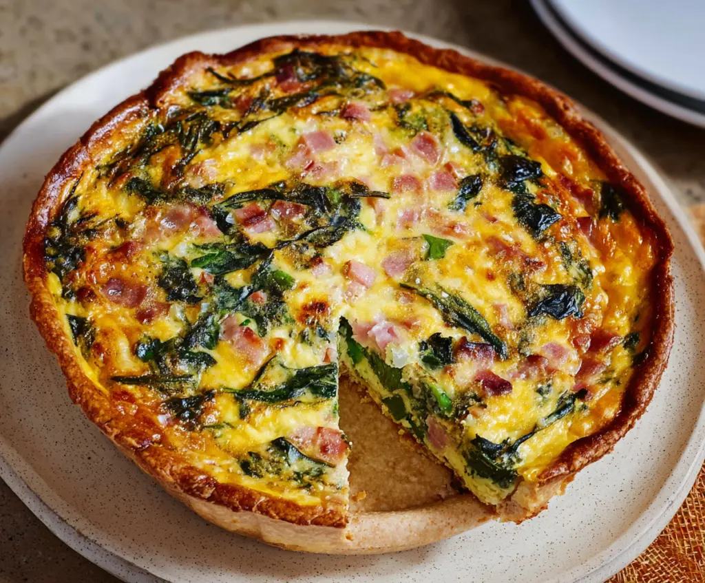 Delicious Easter Ham and Spinach Quiche with golden crust and fresh ingredients.