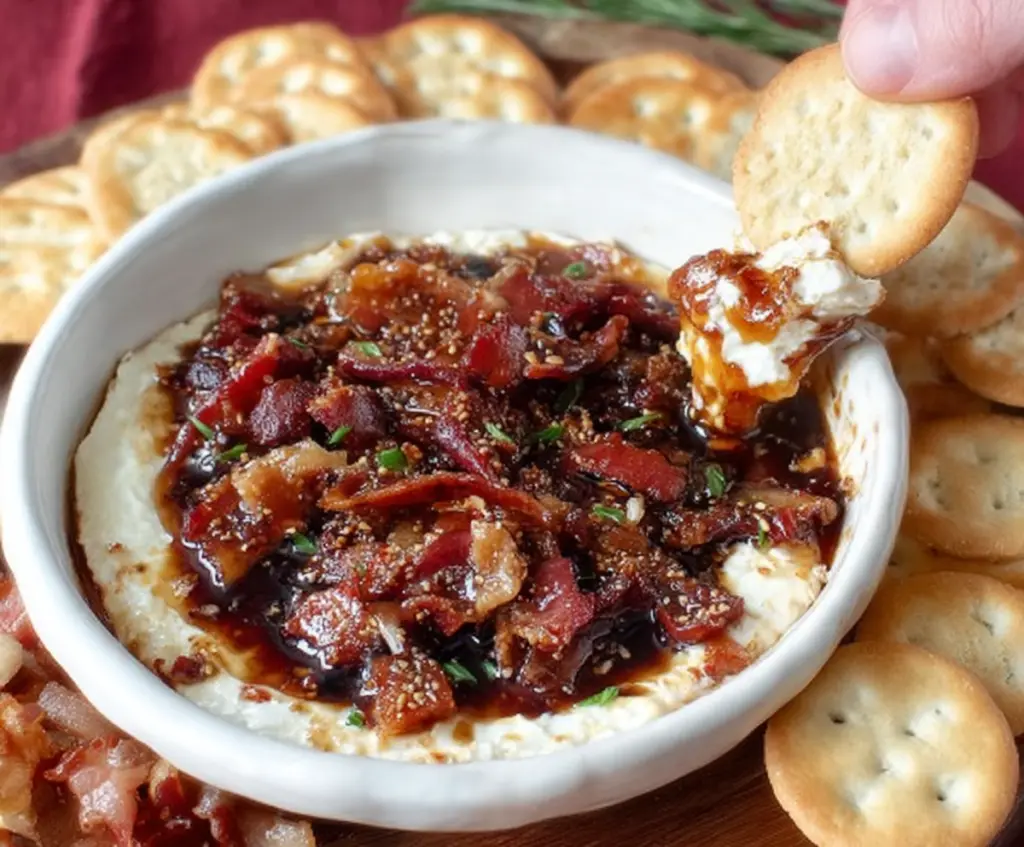 Creamy Fig and Bacon Boursin cheese dip served with fresh crackers and herbs