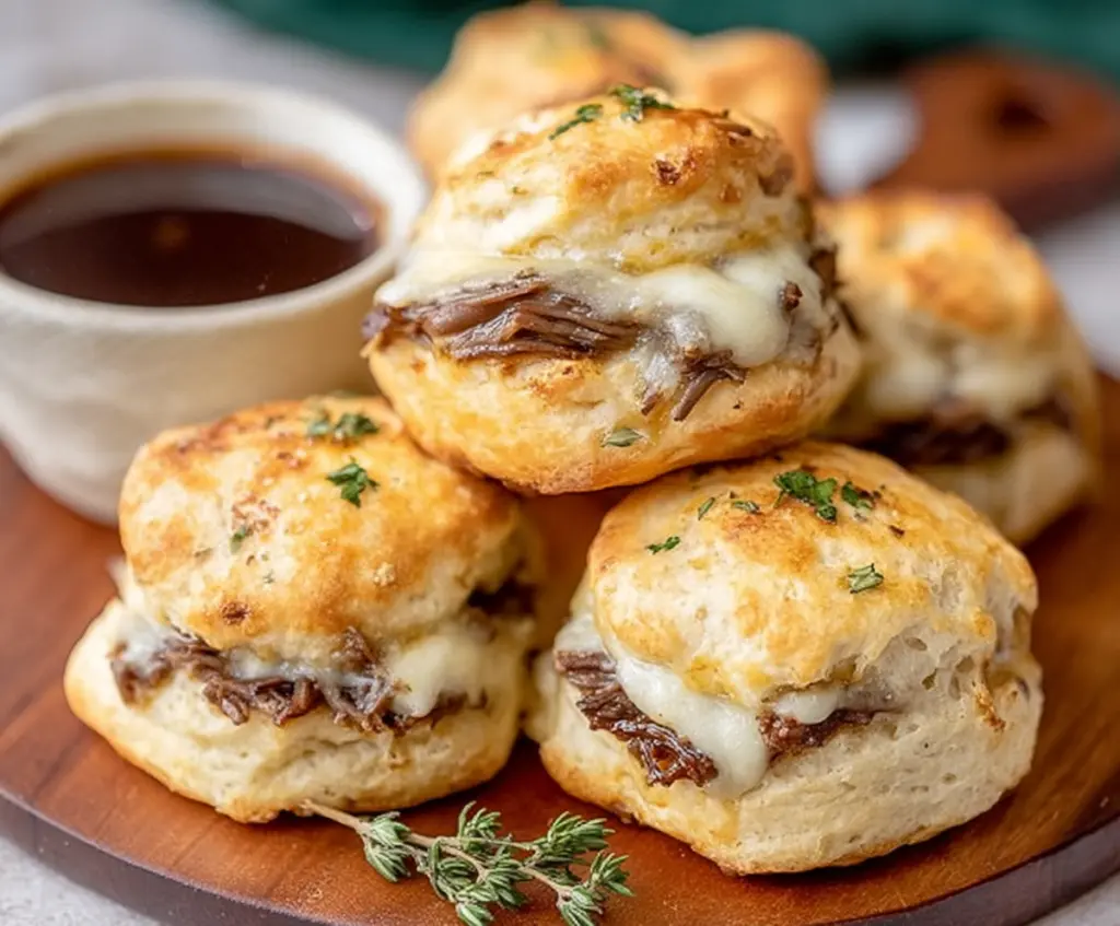 Delicious French Dip Biscuits with melted cheese and tender roast beef served in flaky biscuits.