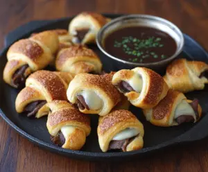 Delicious French Dip Crescents filled with tender roast beef and cheese, served hot with dipping au jus.