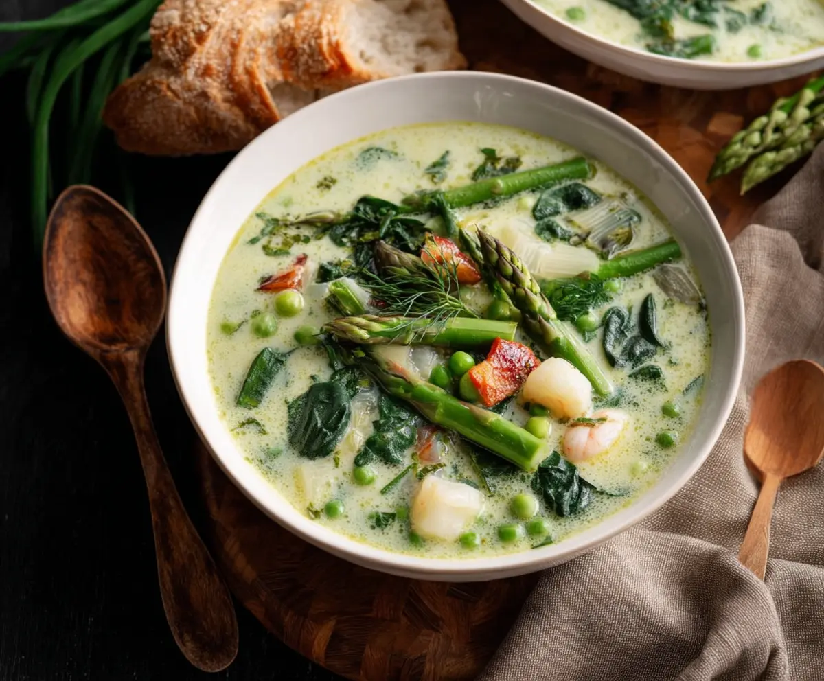 Fresh French Spring Soup served in a bowl with colorful vegetables and herbs.