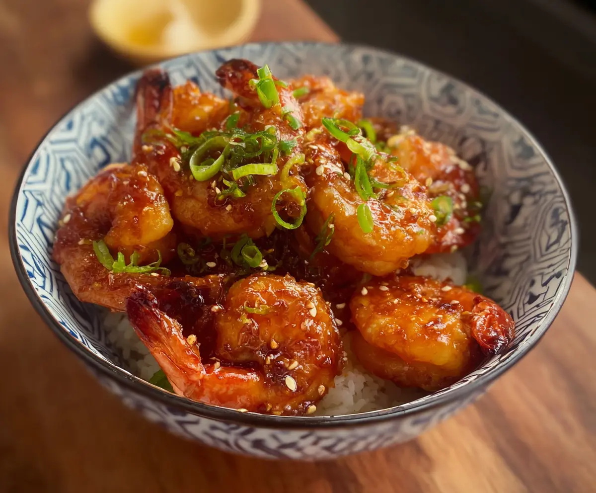 Delicious ginger honey glazed shrimp served on a white plate garnished with fresh herbs.
