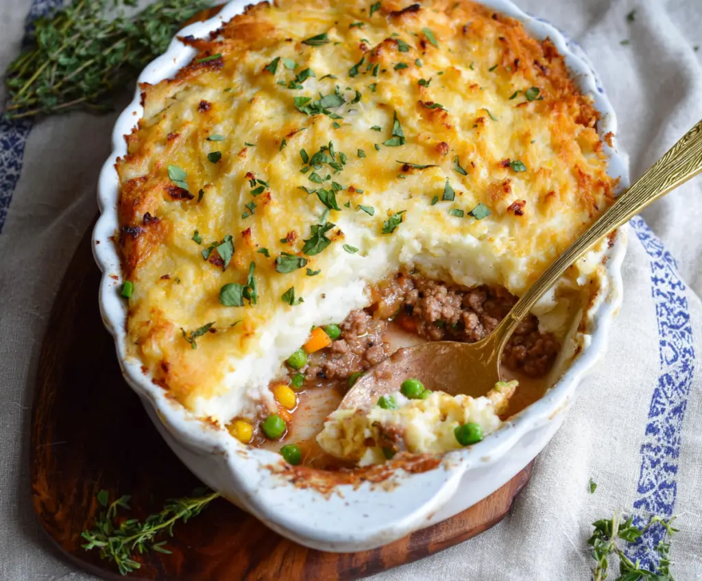 Delicious gluten-free shepherd's pie topped with mashed potatoes and melted cheese.