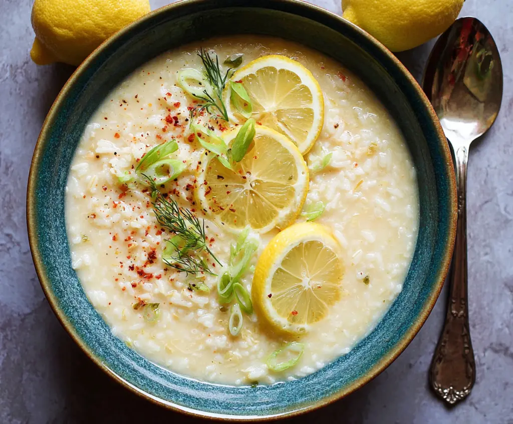 A bowl of Greek Lemon Rice Soup garnished with fresh herbs, showcasing vibrant colors and creamy texture.