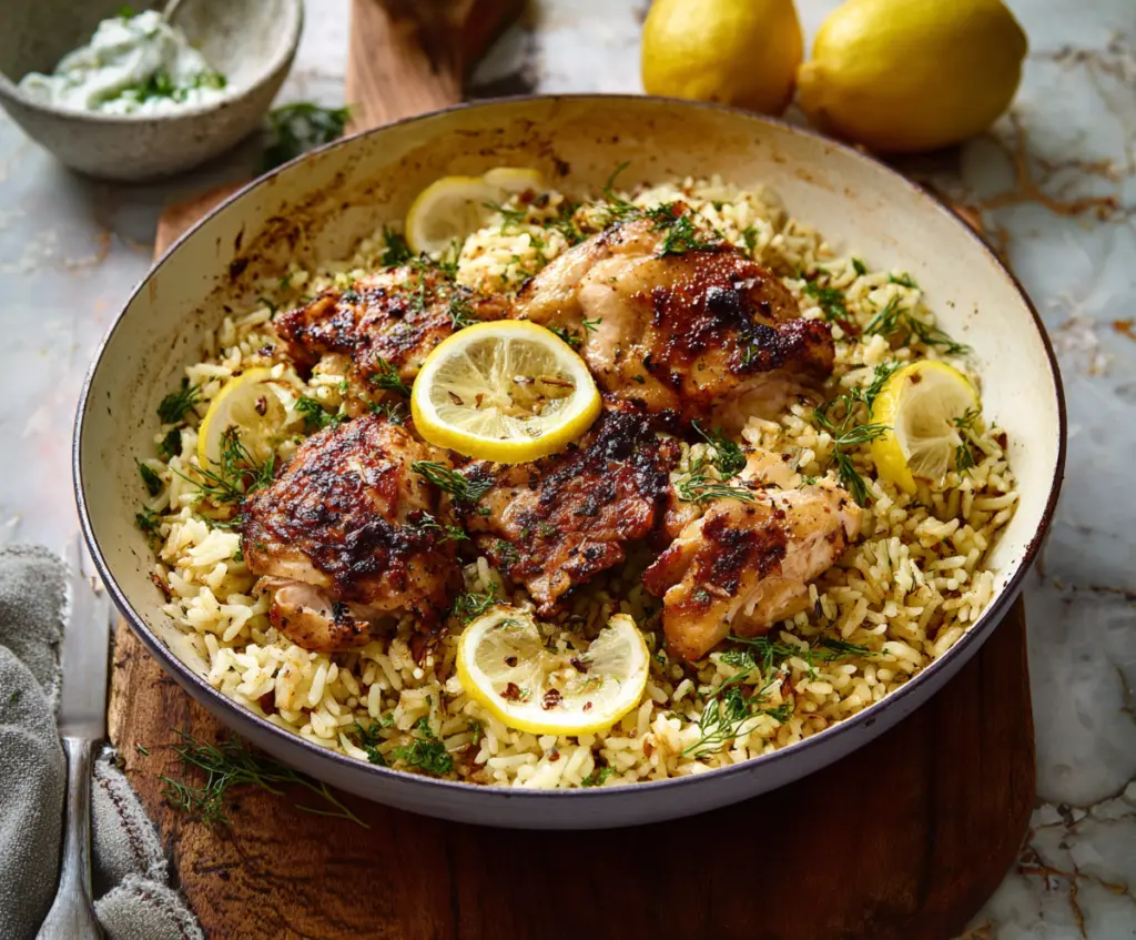 Delicious Greek lemon rice with tender chicken served on a plate, garnished with herbs