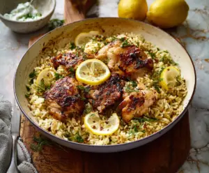 Delicious Greek lemon rice with tender chicken served on a plate, garnished with herbs