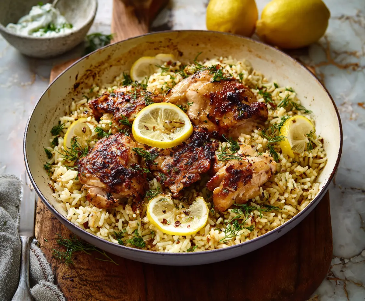 Delicious Greek lemon rice with tender chicken served on a plate, garnished with herbs