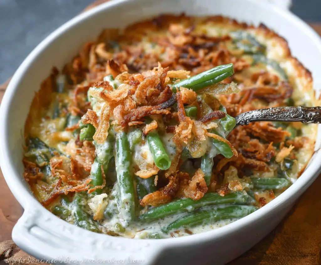 Delicious green bean casserole topped with crispy fried onions and fresh herbs.