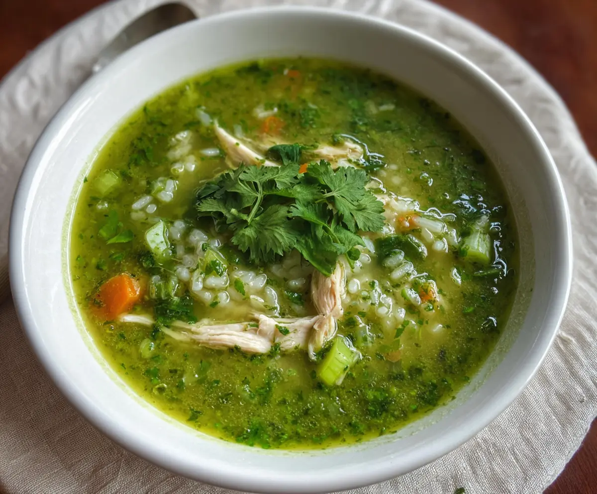 Healthy green garlic and ginger chicken soup served over rice in a bowl.