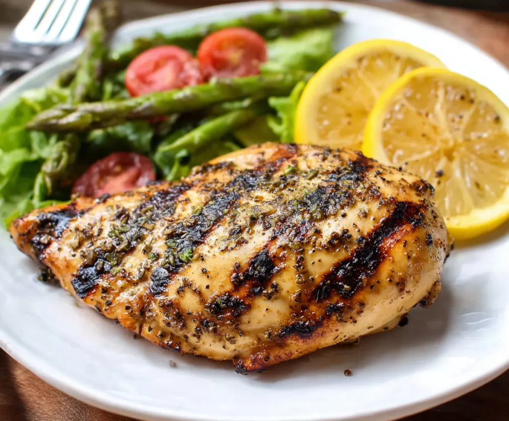 Juicy grilled lemon pepper chicken served on a plate, perfect for summer barbecues.