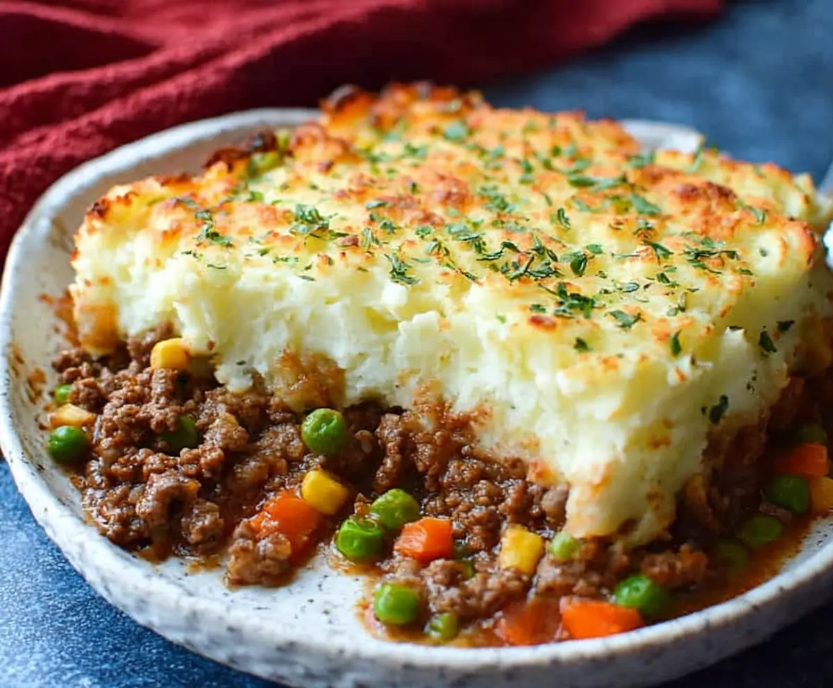 Delicious homemade Ground Beef Shepherd's Pie topped with golden mashed potatoes and melted cheese.