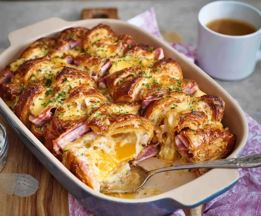 Delicious Ham and Cheese Croissant Brunch Bake with melted cheese and flaky croissants